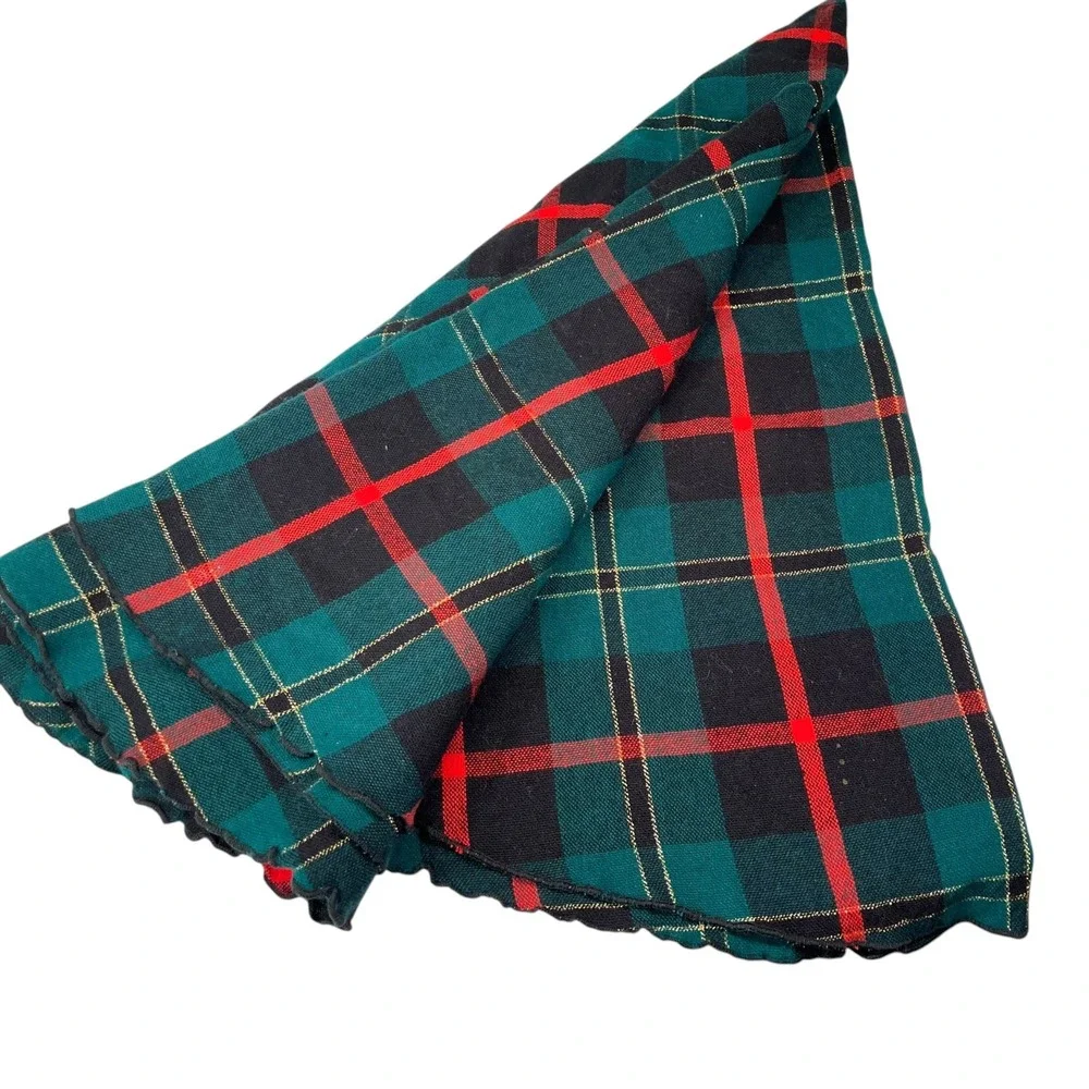 65in Round Green Red Plaid Fabric Tablecloth Gold Metallic Trim Festive Holiday
